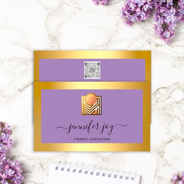 Finance Consulting Broker Gold Purple  Logo QR Business Card (Finance Consulting Broker Gold Purple Logo QR Business Card)