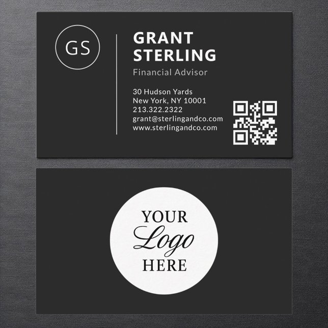 Financial Advisor Black White Logo QR Code Modern Business Card (Creator Uploaded)