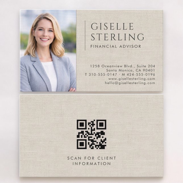 Financial Advisor Linen Photo QR Code Business Card (Creator Uploaded)