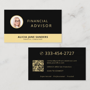 Financial advisor luxury black gold photo QR code Business Card