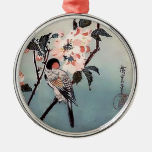 Finch Cherry Blossom Japanese Print Metal Ornament