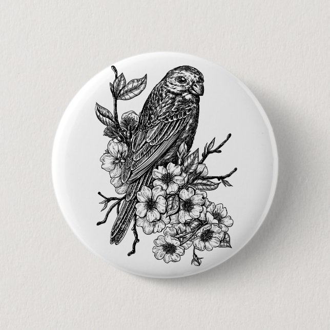 Finch on cherry branch 2 inch round button (Front)