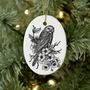 Finch on cherry branch ceramic ornament