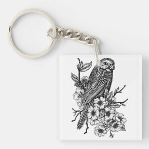 Finch on cherry branch keychain