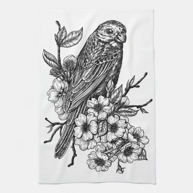 Finch on cherry branch kitchen towel (Vertical)