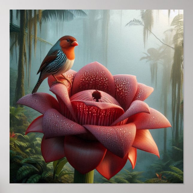 Finch on Giant Jungle Flower in Moody Tropical  Poster (Front)