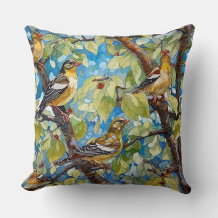 Finches in a Tulip Poplar Tree Throw Pillow