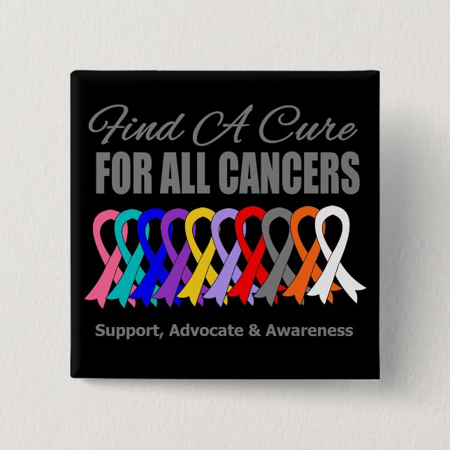 Find a Cure Ribbons For All Cancers 2 Inch Square Button (Front)