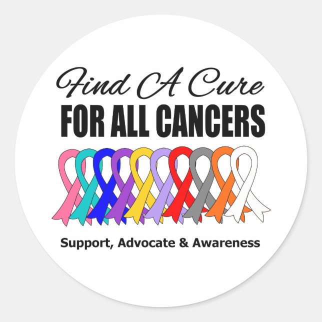 Find a Cure Ribbons For All Cancers Classic Round Sticker (Front)