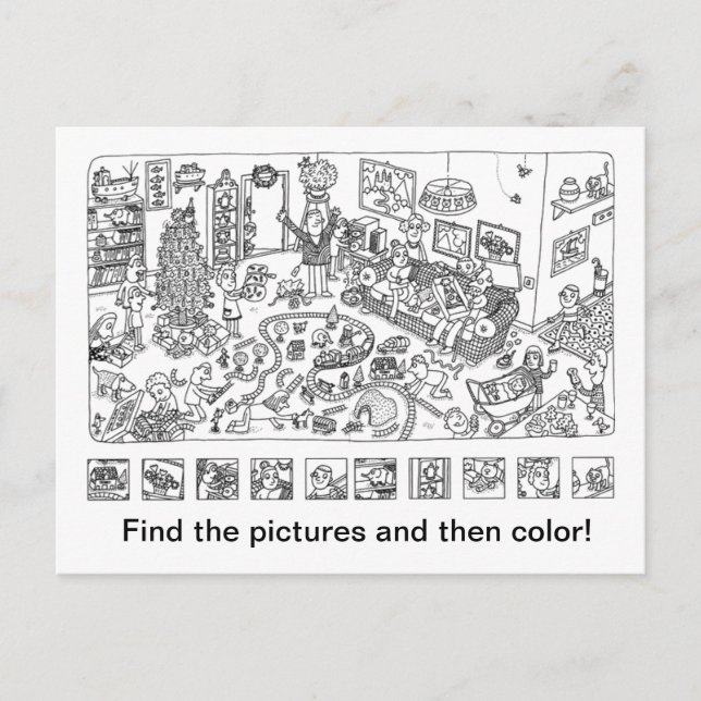 Find and Colour Christmas Scene Holiday Postcard (Front)