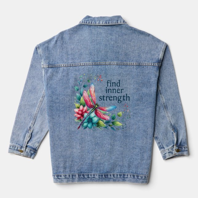 Find Inner Strength - Artistic Dragonfly Denim Jacket (Back)