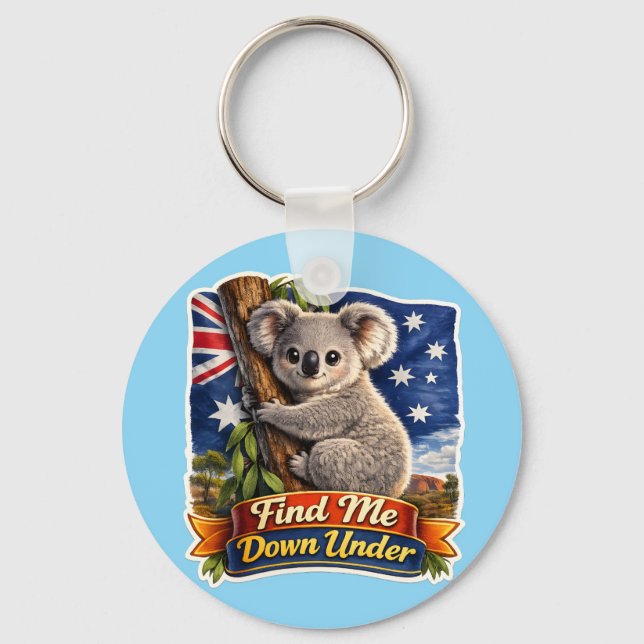 Find Me Down Under – Cute Koala Hugging Tree Keychain (Front)
