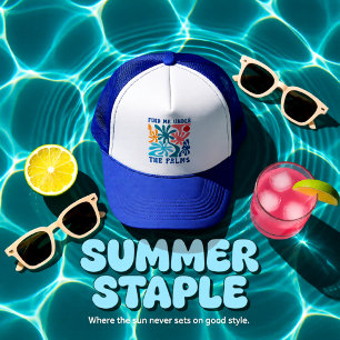 Find me under the Palm unisex summer theme Trucker Hat