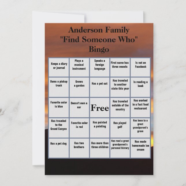  Find Someone Who Bingo | Family Reunion Sunset  Invitation (Front)