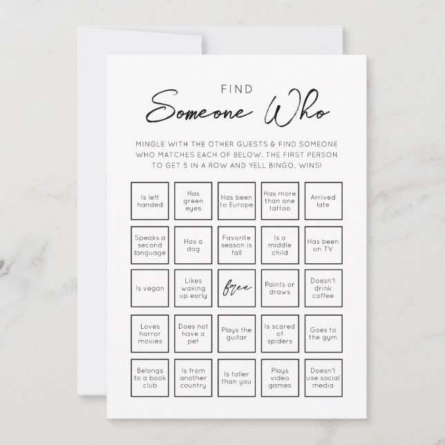 Find Someone Who Guests Bingo game Card (Front)