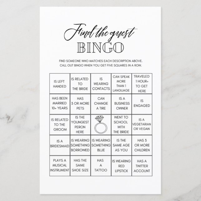 Find the guest bingo bridal shower game (Front)