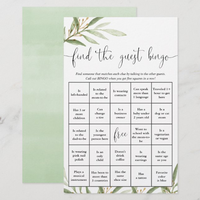 Find the guest bingo fun baby shower game (Front/Back)