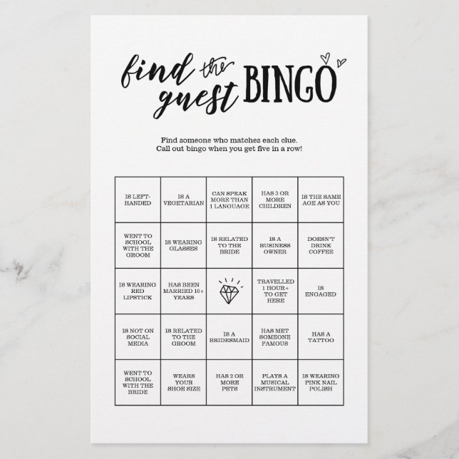 Find the Guest Bingo Game for Wedding or Bridal (Front)