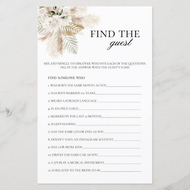 Find the Guest Boho Bridal Shower Game (Front)
