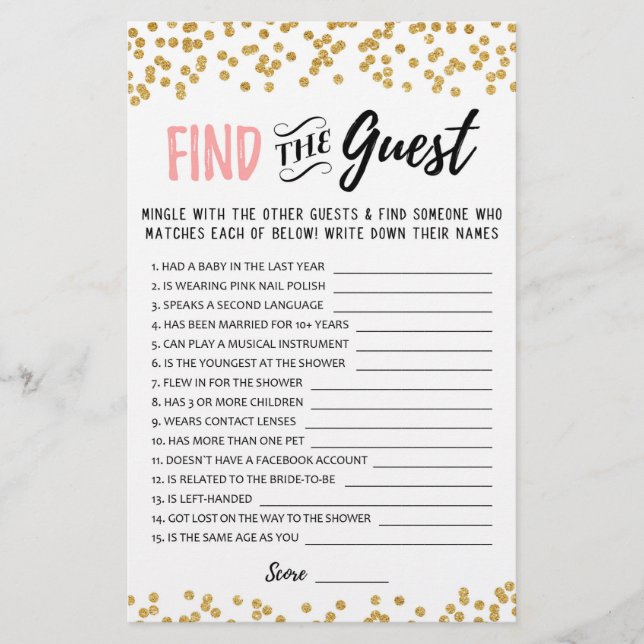 Find the guest Bridal Shower or Hen Party game (Front)