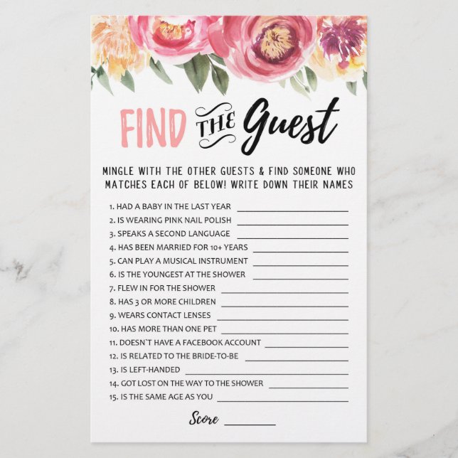 Find the guest Bridal Shower or Hen Party game (Front)