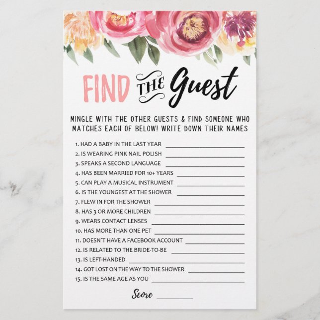 Find the guest Bridal Shower or Hen Party game (Front)