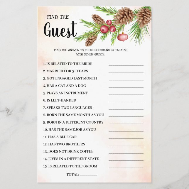 Find the Guest Christmas Bridal Shower Game Card (Front)