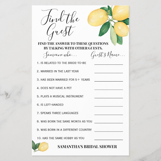 Find the Guest Lemons Bridal Shower Game Card (Front)