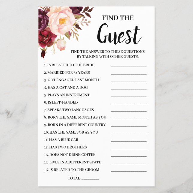 Find the Guest Marsala Bridal Shower Game Card (Front)