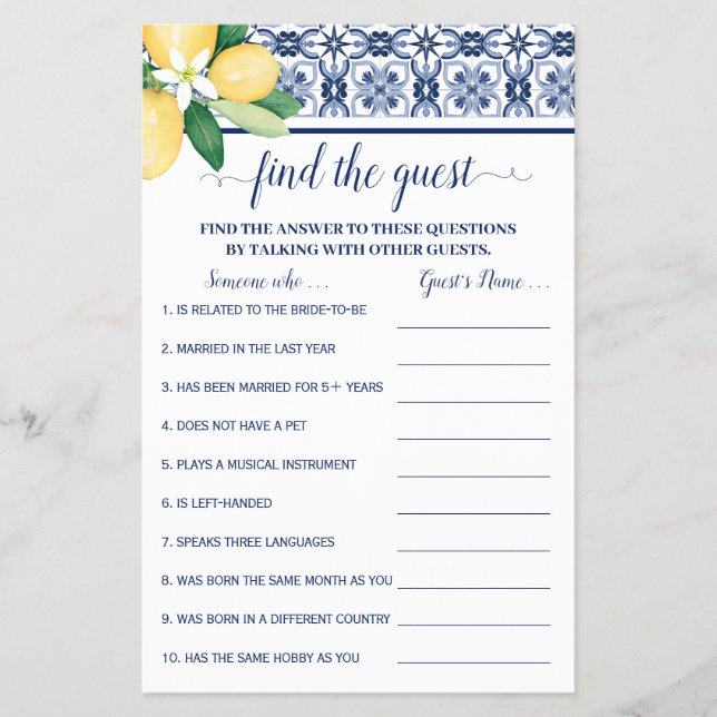 Find the Guest Mediterranean Shower Game Card (Front)