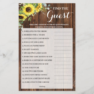 Find the Guest Sunflowers Bridal Shower Game Card