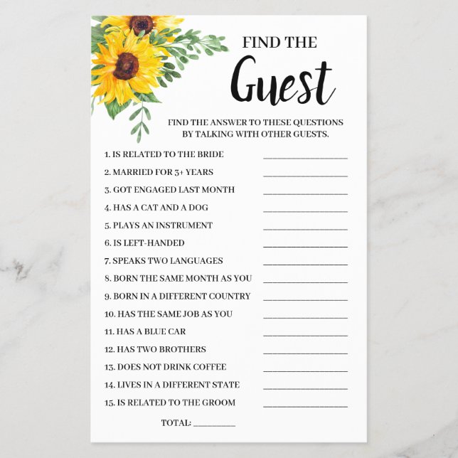 Find the Guest Sunflowers Bridal Shower Game Card (Front)