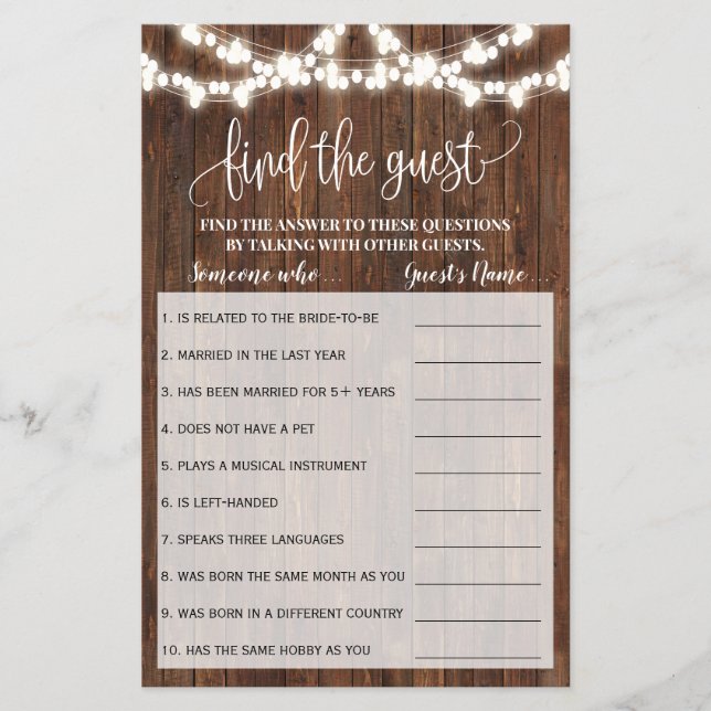 Find the Guest Western Bridal Shower Game Card (Front)