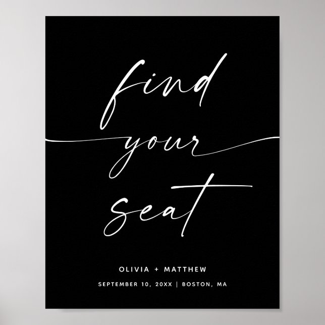 Find Your Seat | Black Modern Wedding Reception Poster (Front)