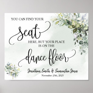 Find your seat wedding reception eucalyptus sign