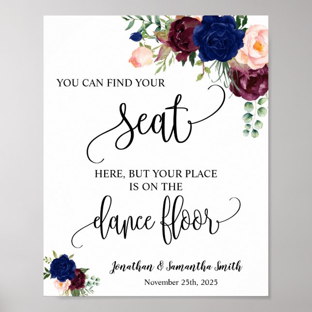 Find your seat wedding reception navy burgundy poster (Front)