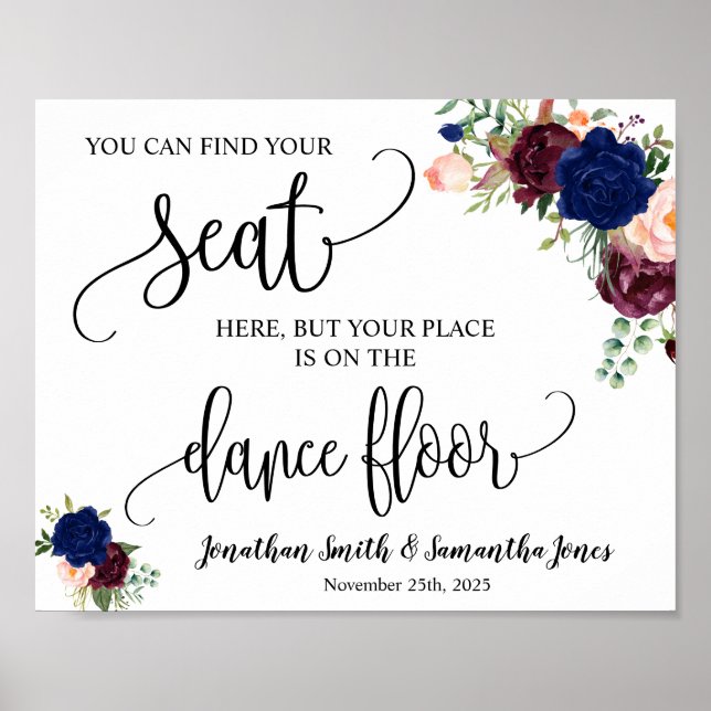 Find your seat wedding reception navy burgundy poster (Front)