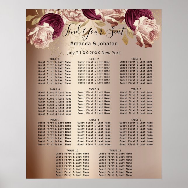 Find Your Seating Chart Wedding Event Rose 11 (Front)