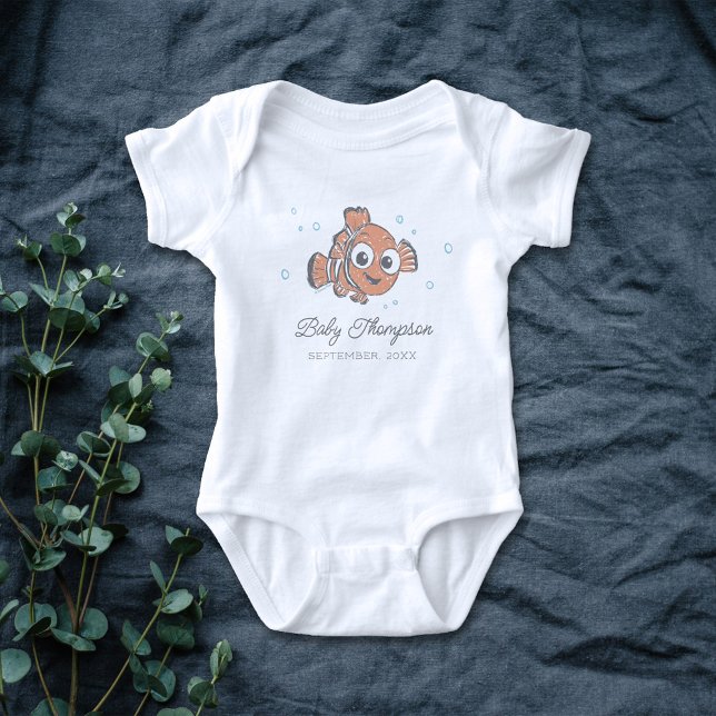Finding Nemo Announcement Date Baby Bodysuit (Bodysuit on bedding with eucalyptus)