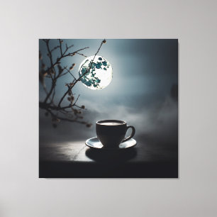 Finding winter tranquility with coffee and moon. canvas print