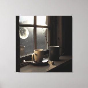 Finding winter tranquillity with coffee and moon. canvas print