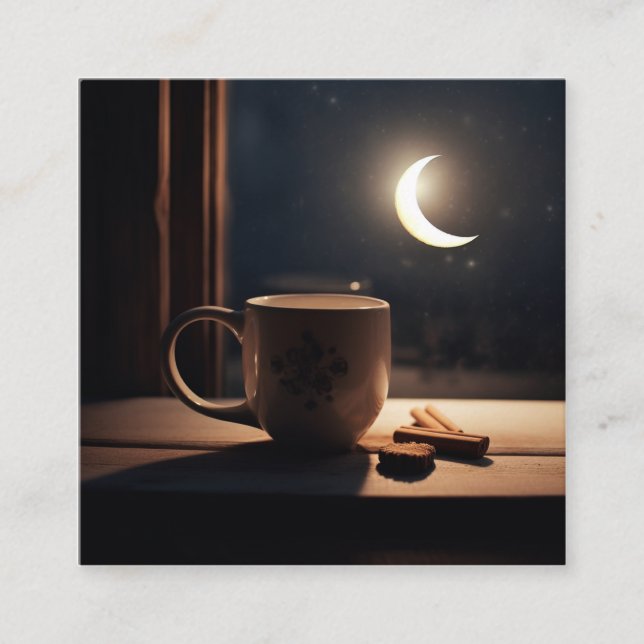 Finding winter tranquillity with coffee and moon. square business card (Front)
