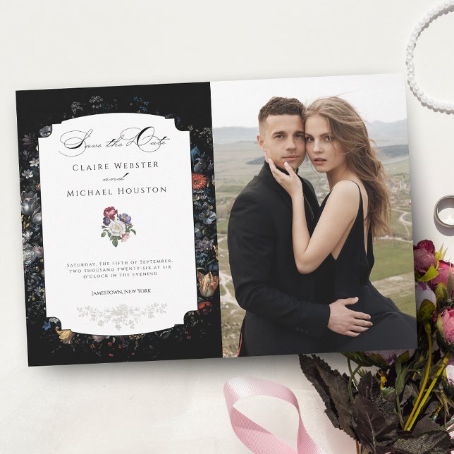 Fine Art Black Floral Calligraphy/Photo Save The Date (Creator Uploaded)