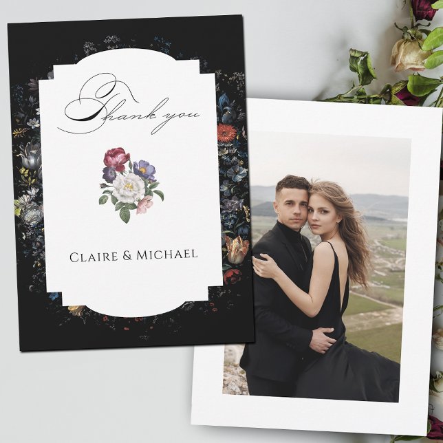 Fine Art Black Floral Calligraphy Photo Thank You Card (Creator Uploaded)
