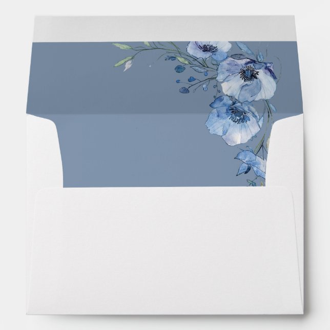 Fine Art Blue Watercolor Flowers Wedding Envelope (Back (Bottom))