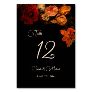 Fine Art Dark Moody Floral Wedding Table Number