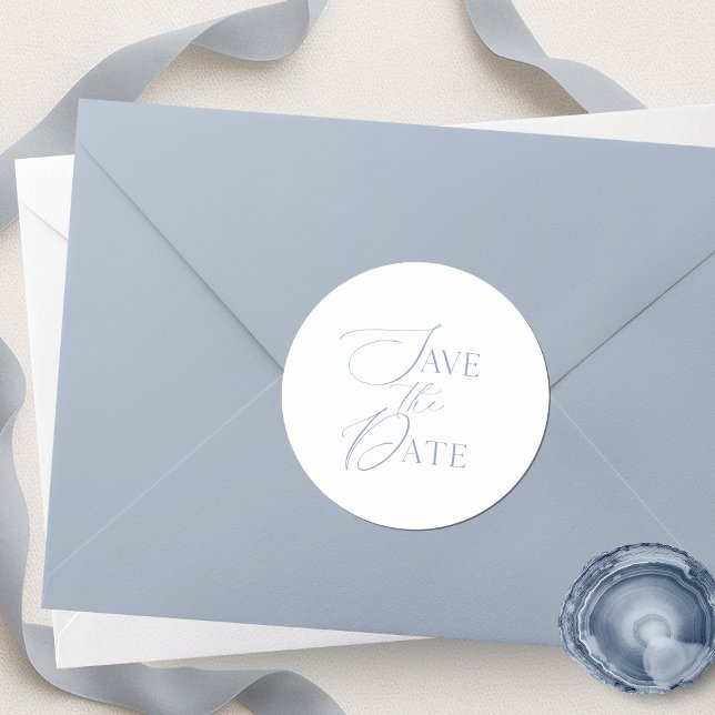 Fine Art Dusty Blue Save the Date Classic Round Sticker (Creator Uploaded)