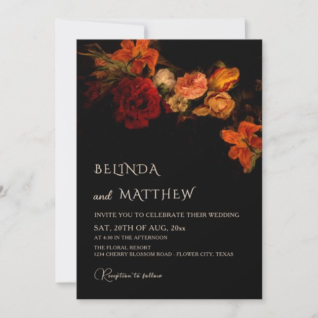 Fine Art Flowers Dark Wedding Invitation (Front)