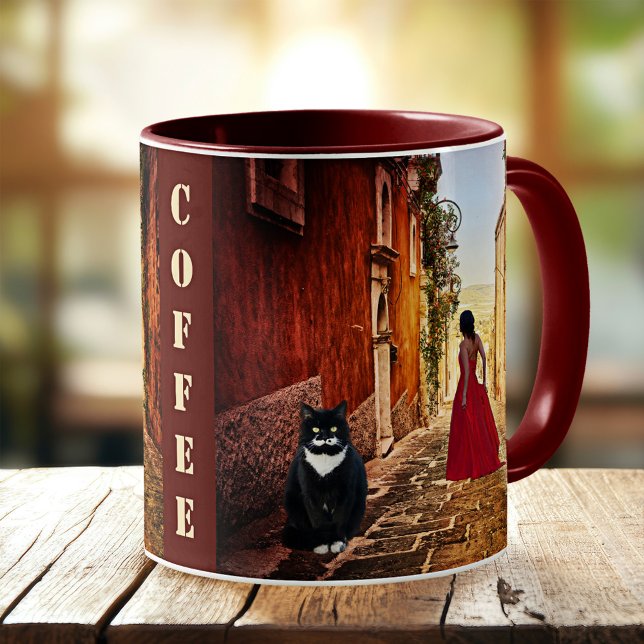 Fine Art Lady in Red Cute Cat Italian Mug (Coffee mug featuring a painting of a lady in red with a cute big tuxedo cat in an Italian village)