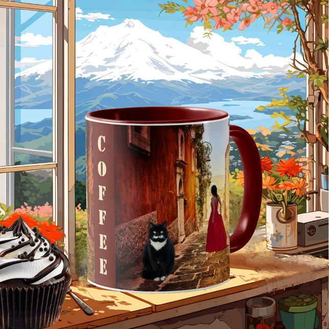 Fine Art Lady in Red Cute Cat Italian Mug (Coffee mug featuring a painting of a lady in red with a cute big tuxedo cat in an Italian village)